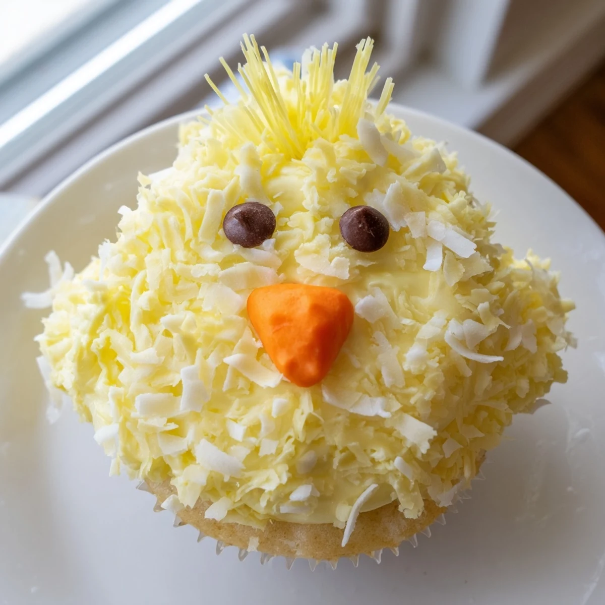 Festive Easter Chick Cupcakes topped with swirled buttercream and coconut feather decoration
