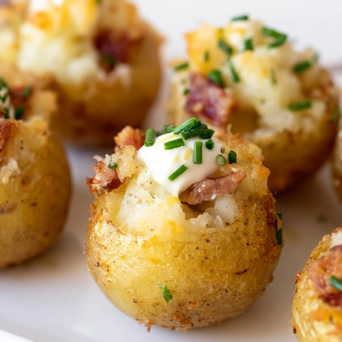 Golden Irish Potato Bites topped with melted cheddar and fresh chives on a rustic serving platter