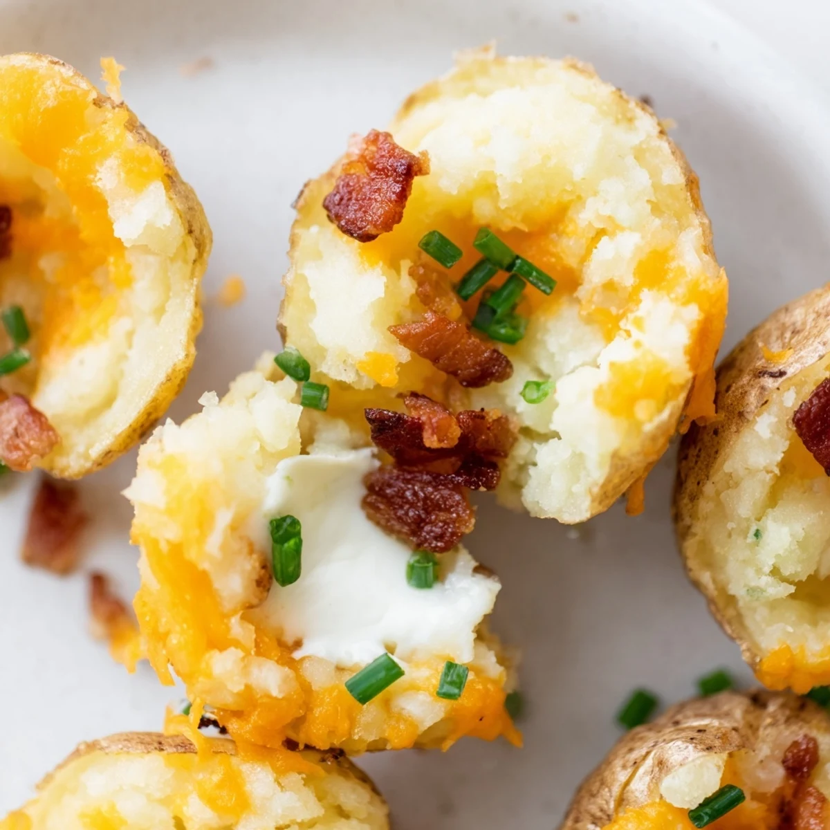 Crispy Irish Potato Bites filled with creamy bacon cheddar mixture arranged on a white plate