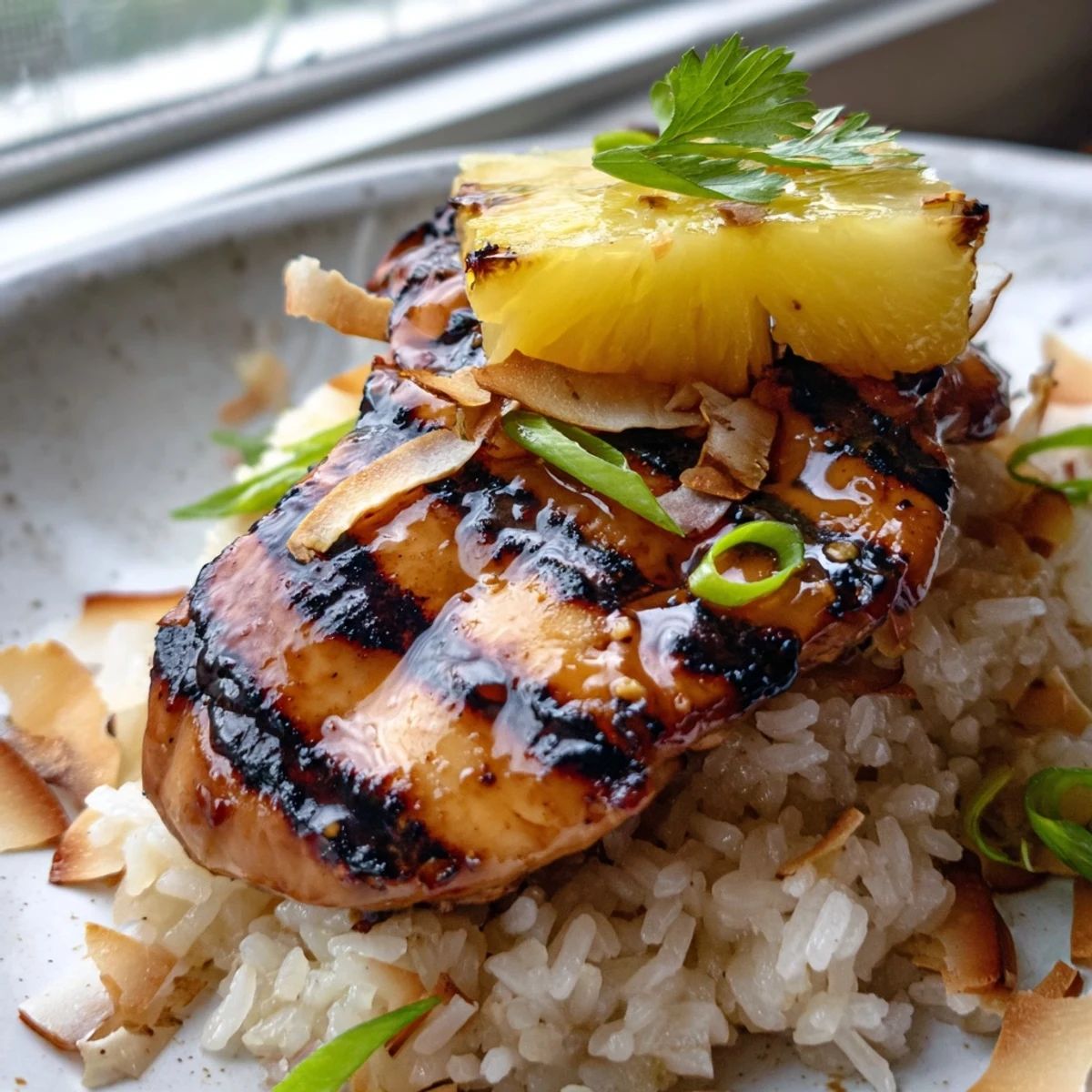 Golden glazed Hawaiian chicken coconut rice topped with fresh pineapple chunks and green onions