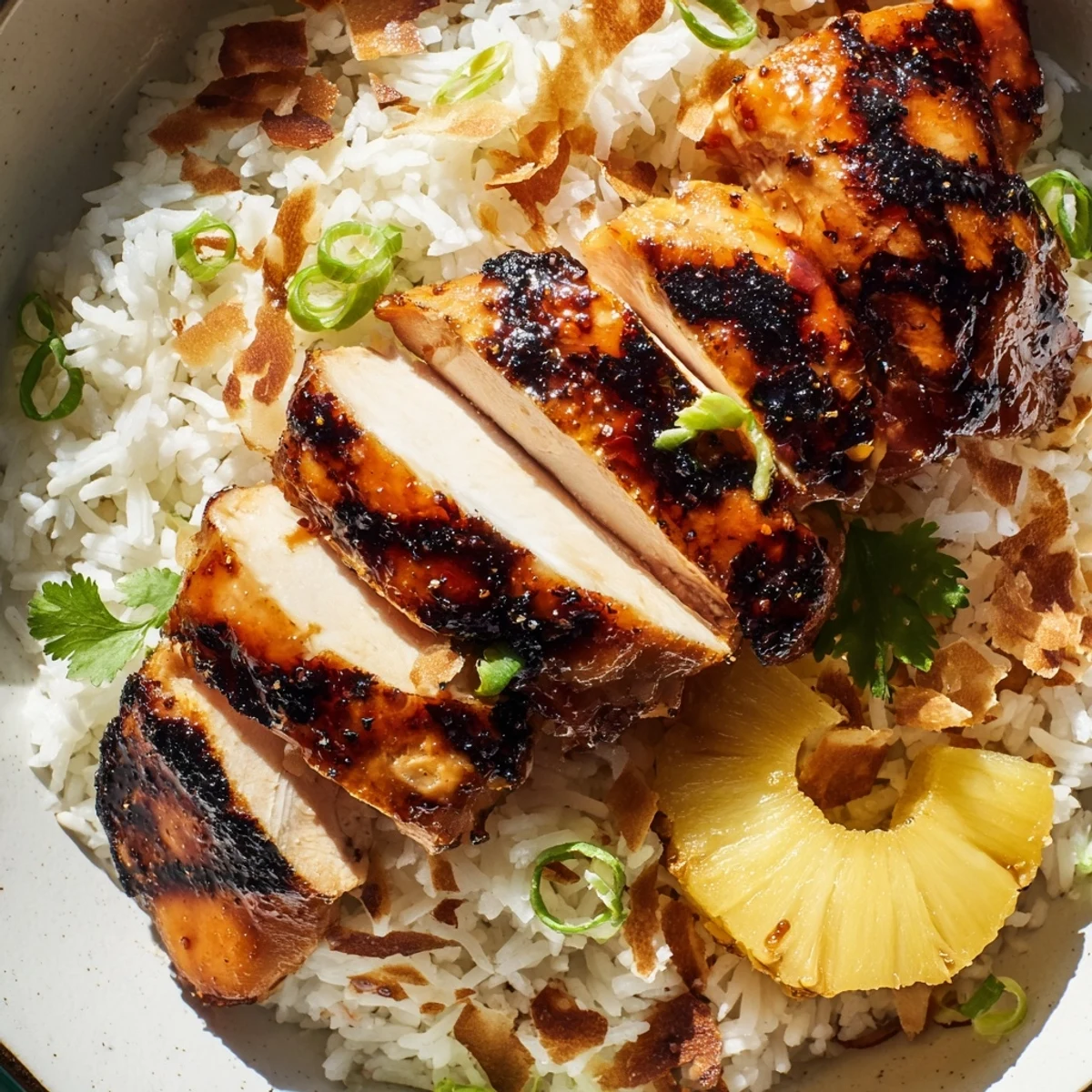 Tender caramelized Hawaiian chicken coconut rice served in a white bowl with tropical garnishes