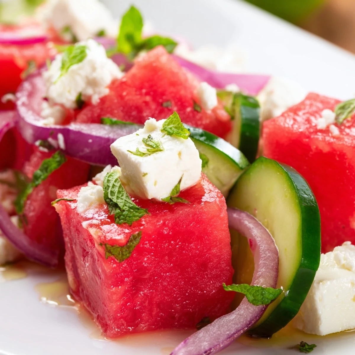 Watermelon Feta Salad in a white bowl garnished with fresh mint leaves and lime wedges