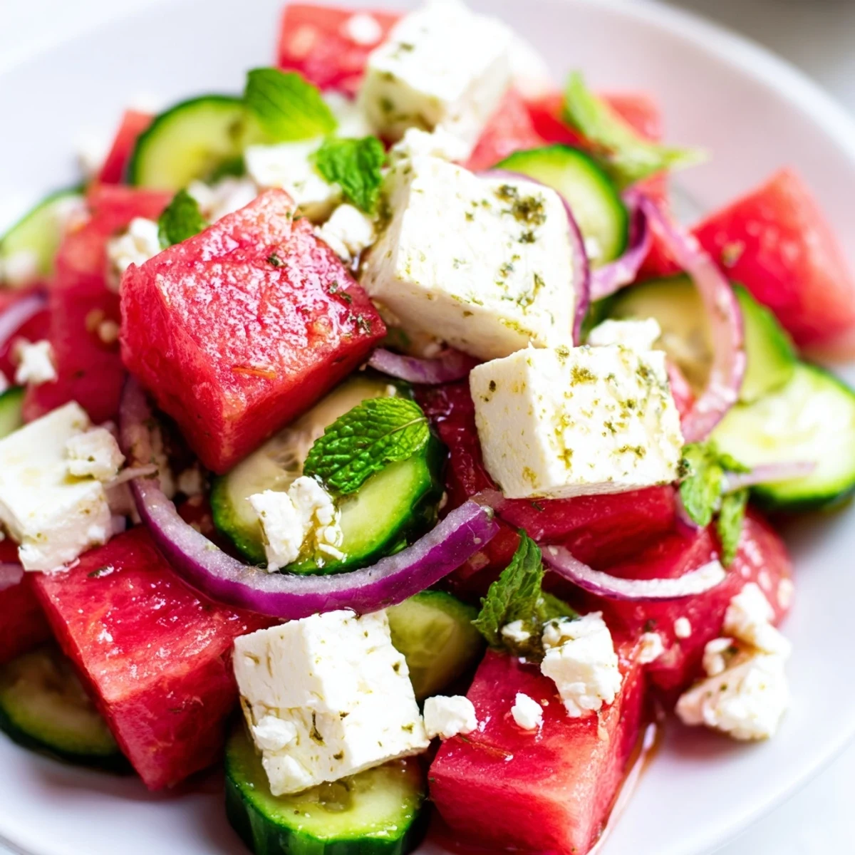 Crisp watermelon cubes and crumbled feta cheese tossed with cucumber slices and red onion
