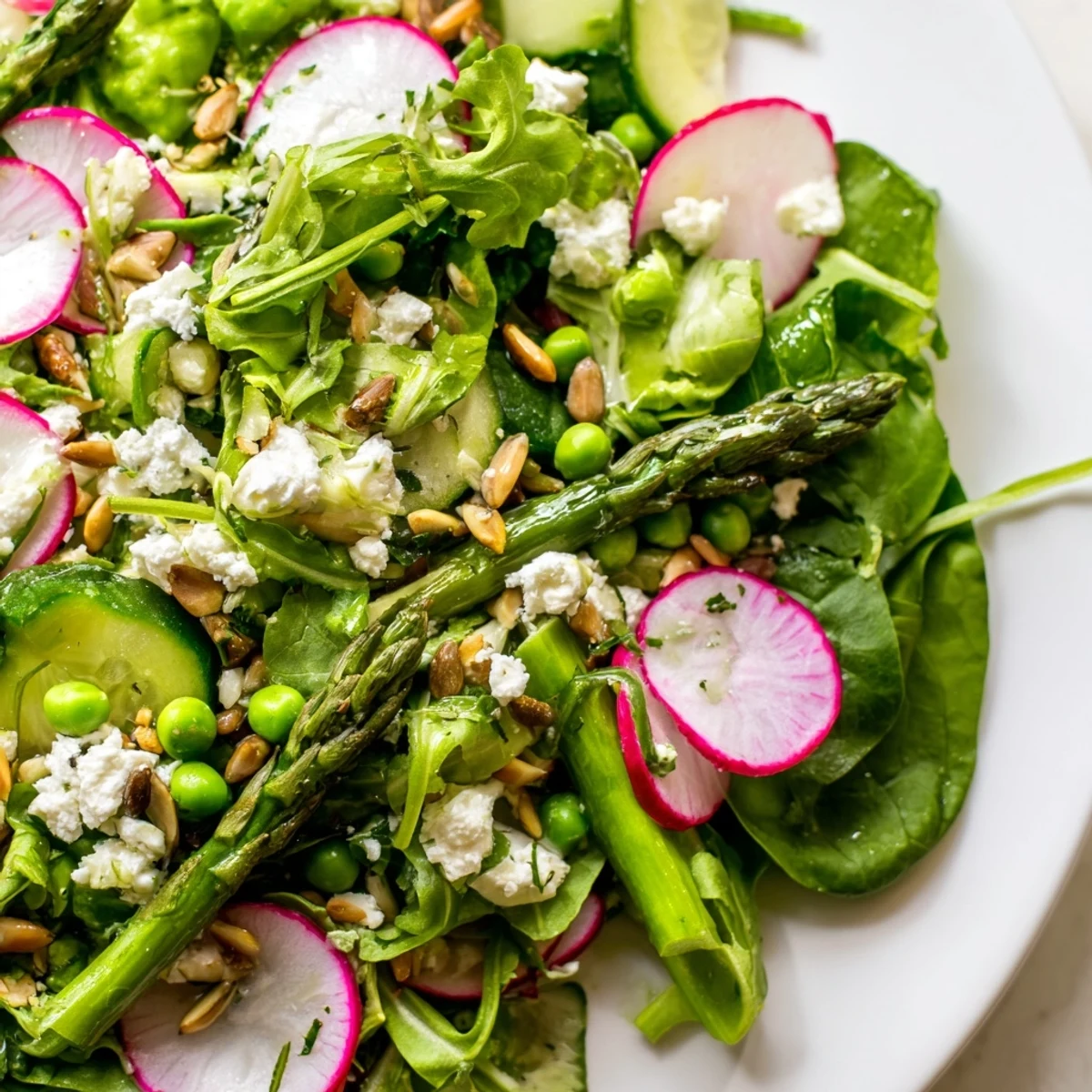 Bright Spring Salad with crisp asparagus, radishes, and crumbled feta in a citrusy dressing