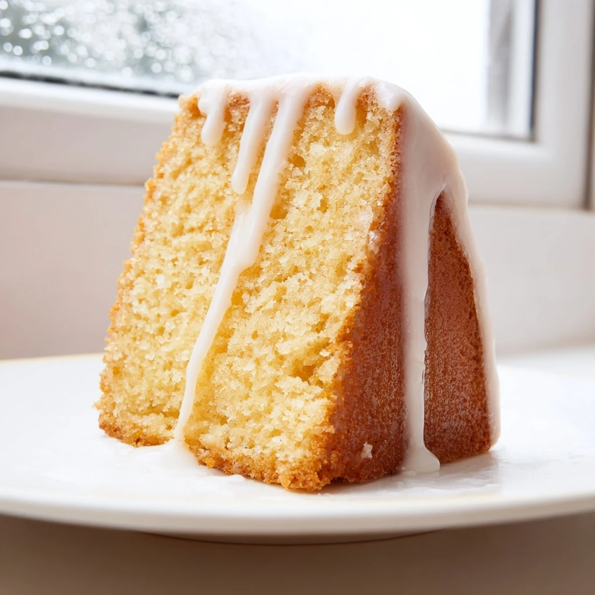 Golden church cake with vanilla glaze served on a white porcelain plate for dessert