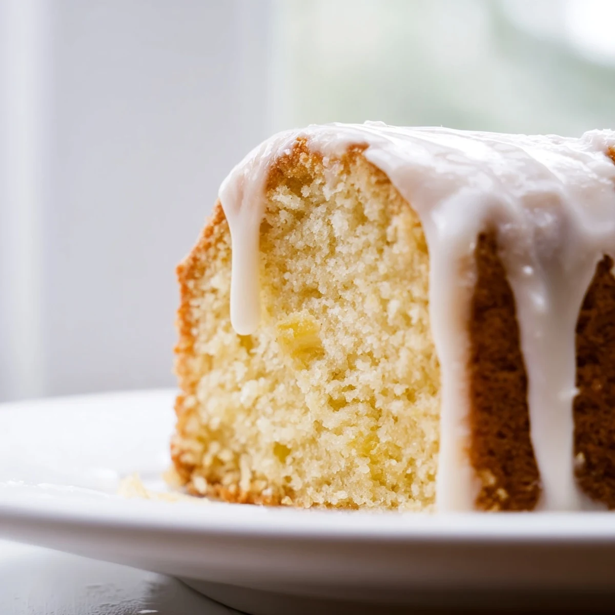 Moist church cake sliced to reveal tender vanilla sponge drizzled with sweet powdered icing