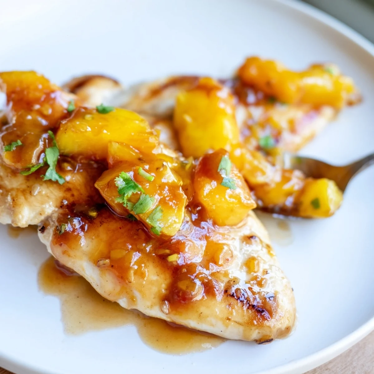 Golden seared jalapeno peach chicken glazed with glossy sweet-spicy sauce on white plate