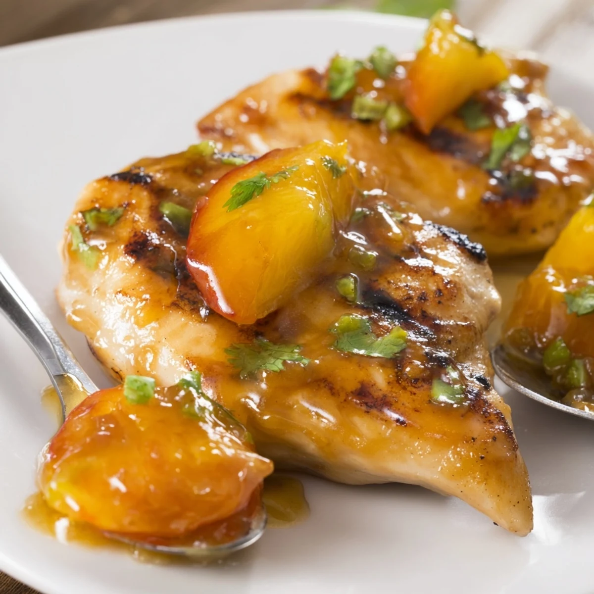 Juicy jalapeno peach chicken topped with fresh peach slices and garnished with cilantro