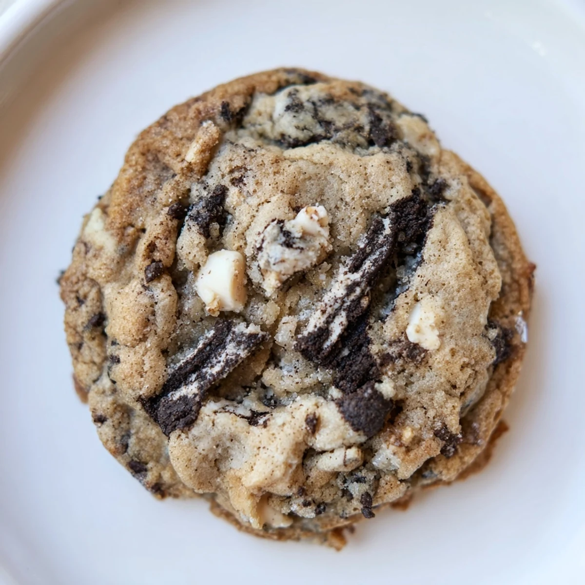 Soft chewy cookies and cream cookie with white chocolate chips on rustic baking sheet