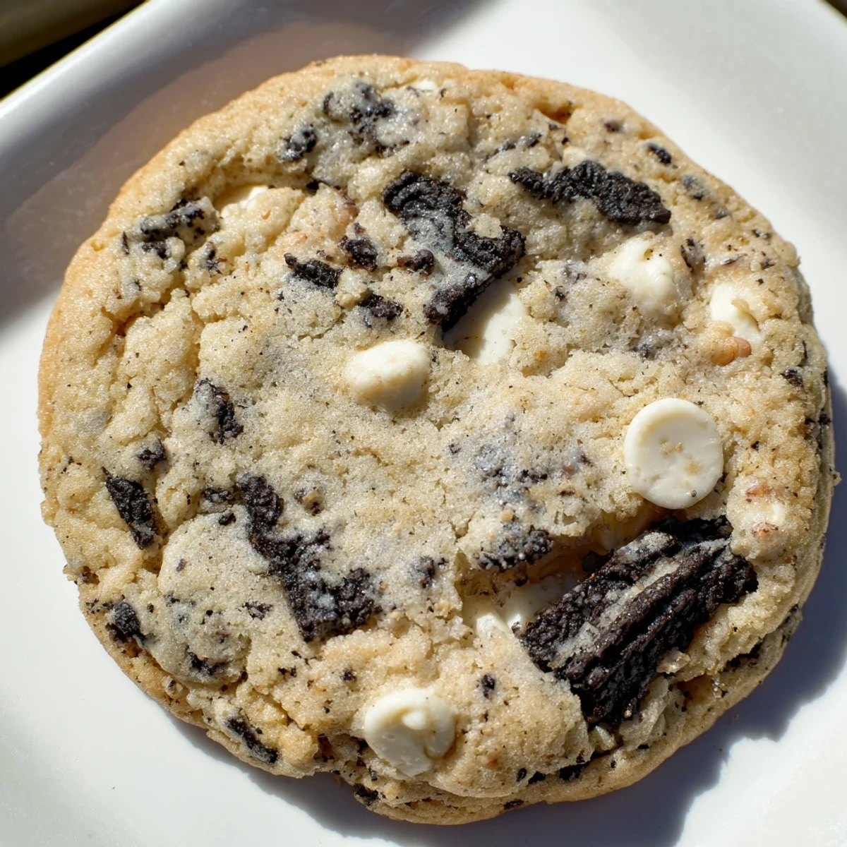 Chopped chocolate sandwich cookies and creamy white chips dot this freshly baked cookies and cream cookie