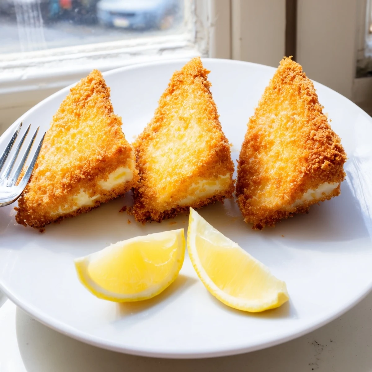 Crispy Greek fried cheese strips with crunchy coating served hot on white plate