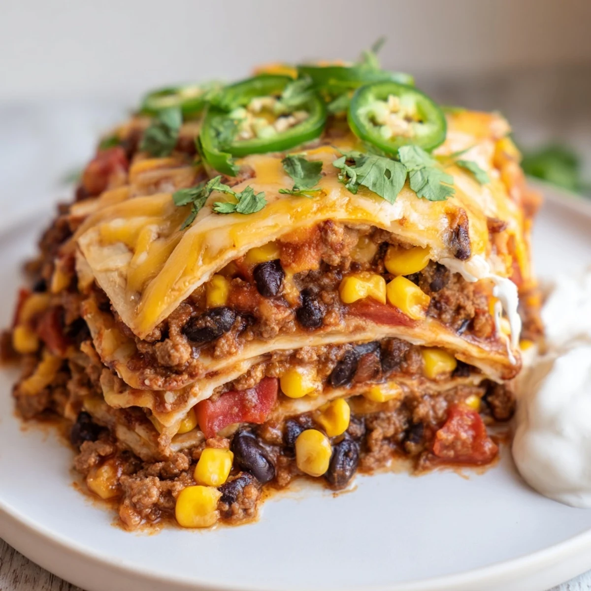 Golden bubbling Mexican lasagna with melted cheese and seasoned beef layered between soft tortillas