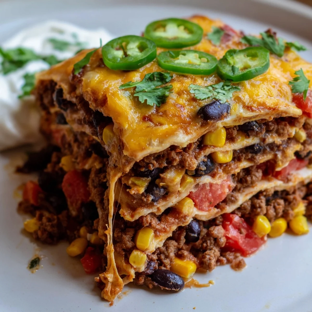 Mexican lasagna fresh from the oven with gooey cheese, zesty beef, and colorful garnishes