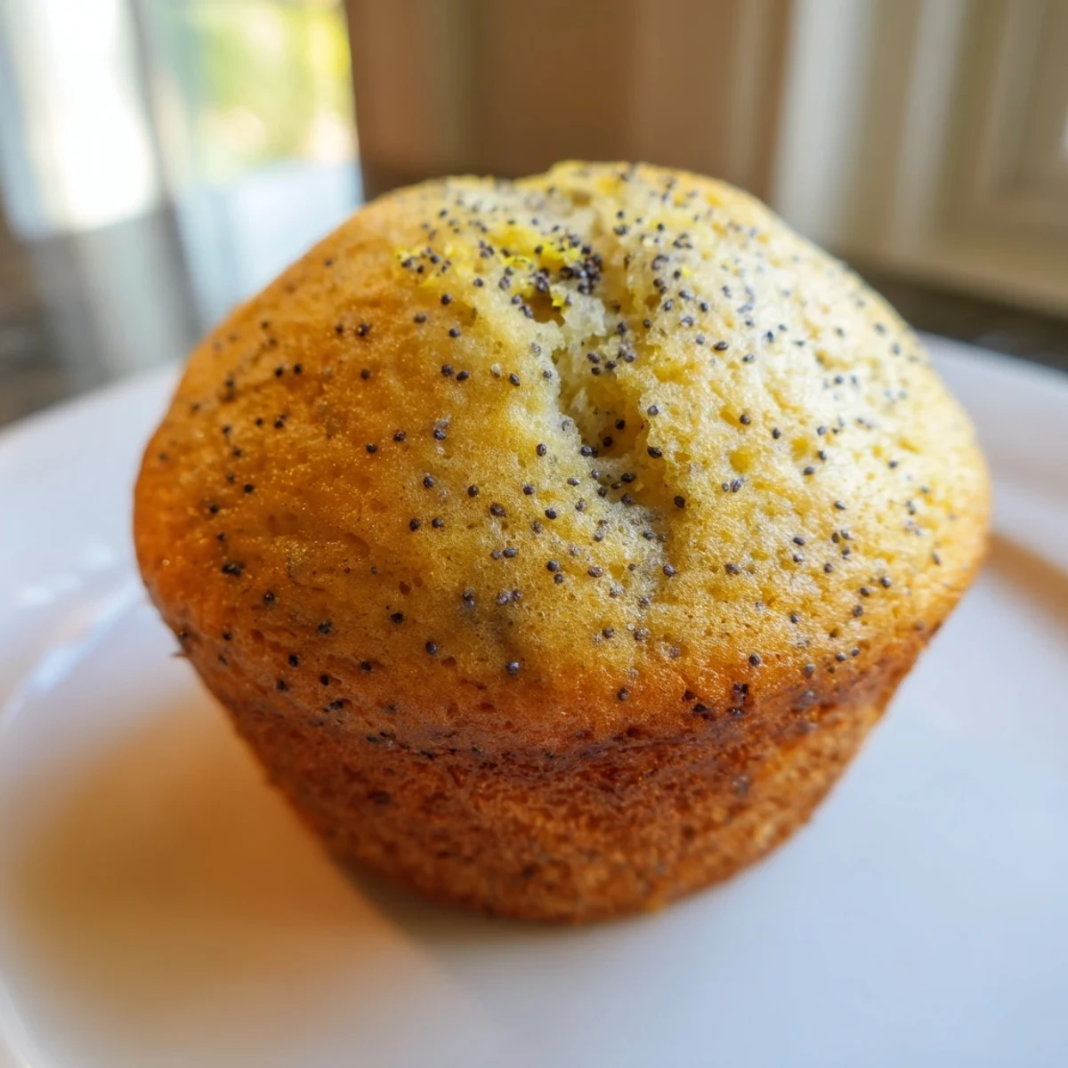 Golden Lemon Poppy Seed Muffins topped with sparkling sugar on a rustic ceramic plate