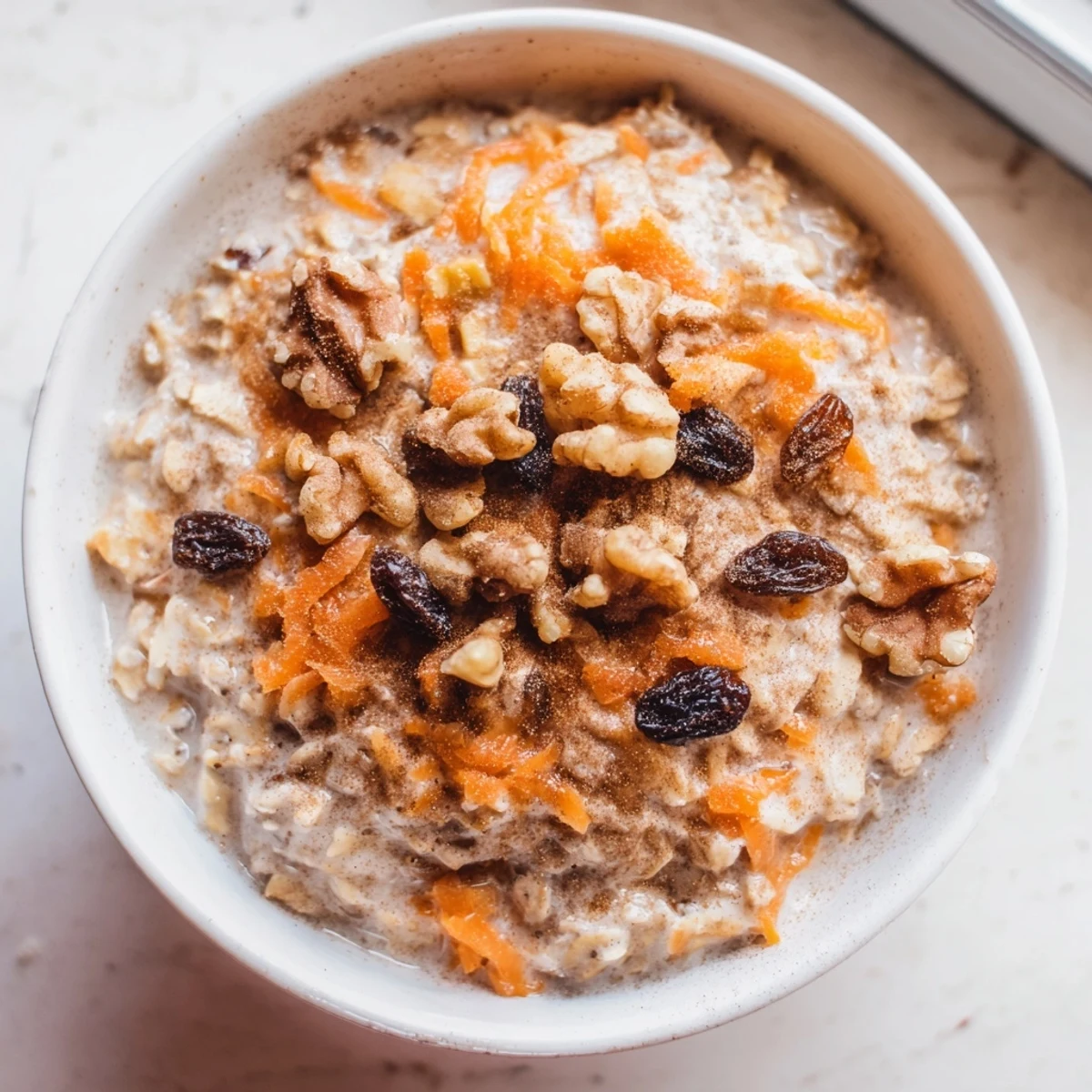 Carrot Cake Overnight Oats in a mason jar topped with chopped walnuts and a sprinkle of cinnamon