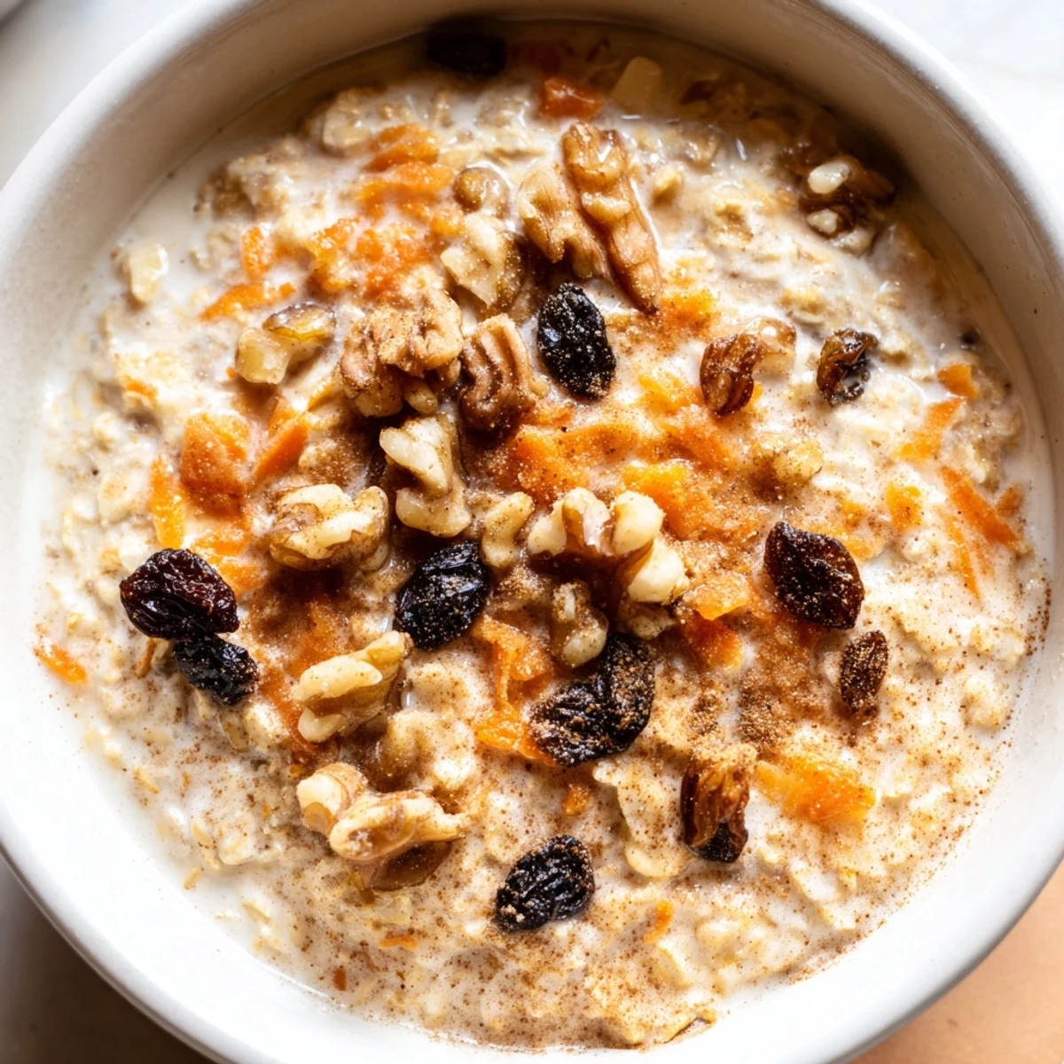 Creamy Carrot Cake Overnight Oats with grated carrots, raisins, and crunchy pecan pieces ready to enjoy