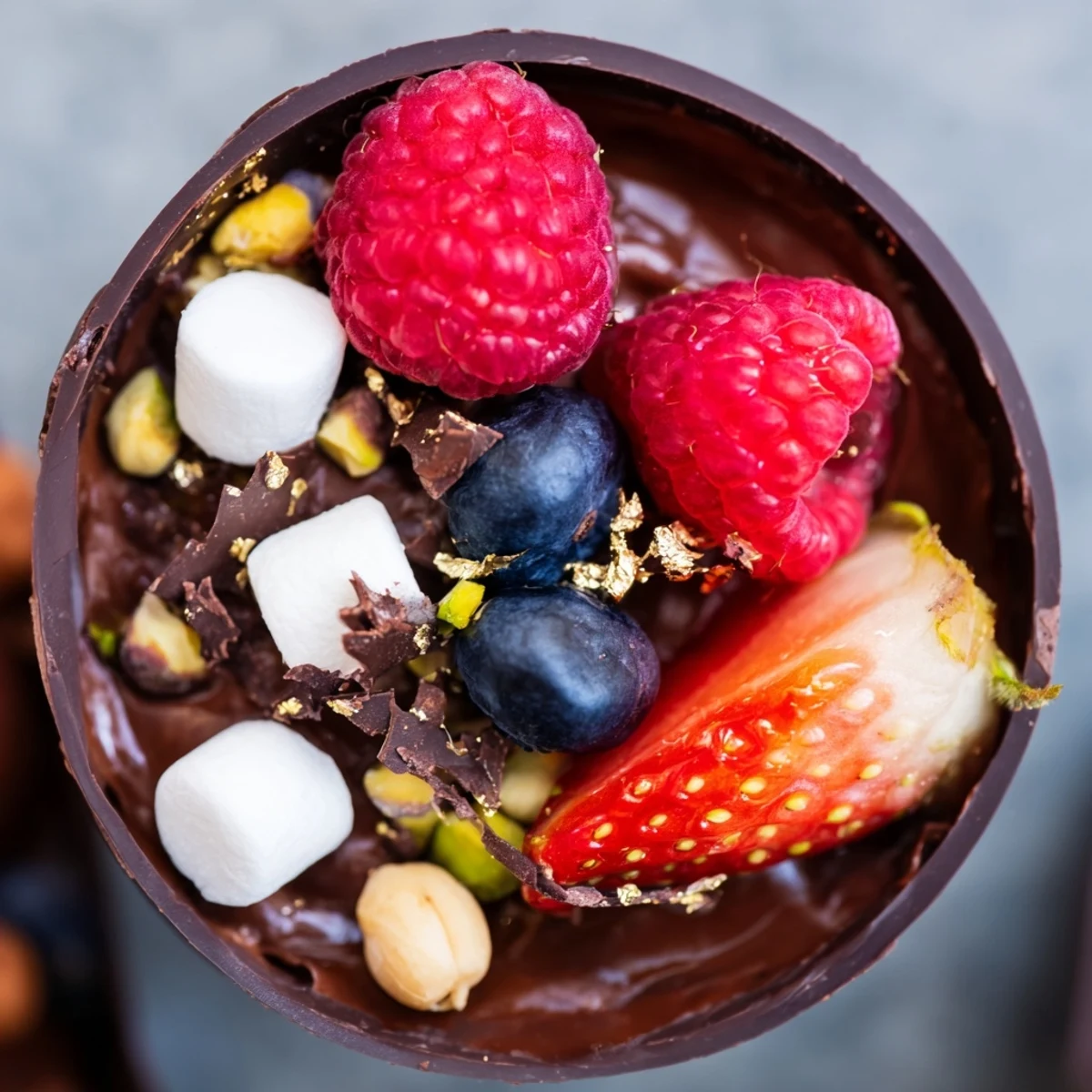Elegant chocolate grazing cups filled with silky mousse and topped with fresh berries and nuts