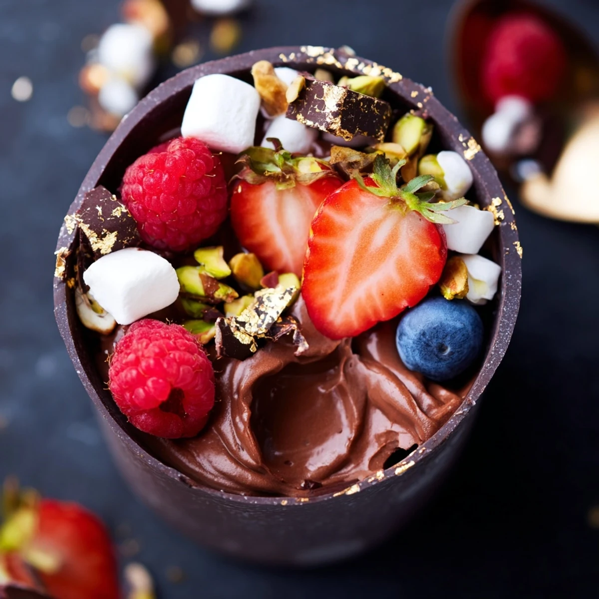Dark chocolate cups with velvety mousse garnished with colorful mixed berries and shaved chocolate