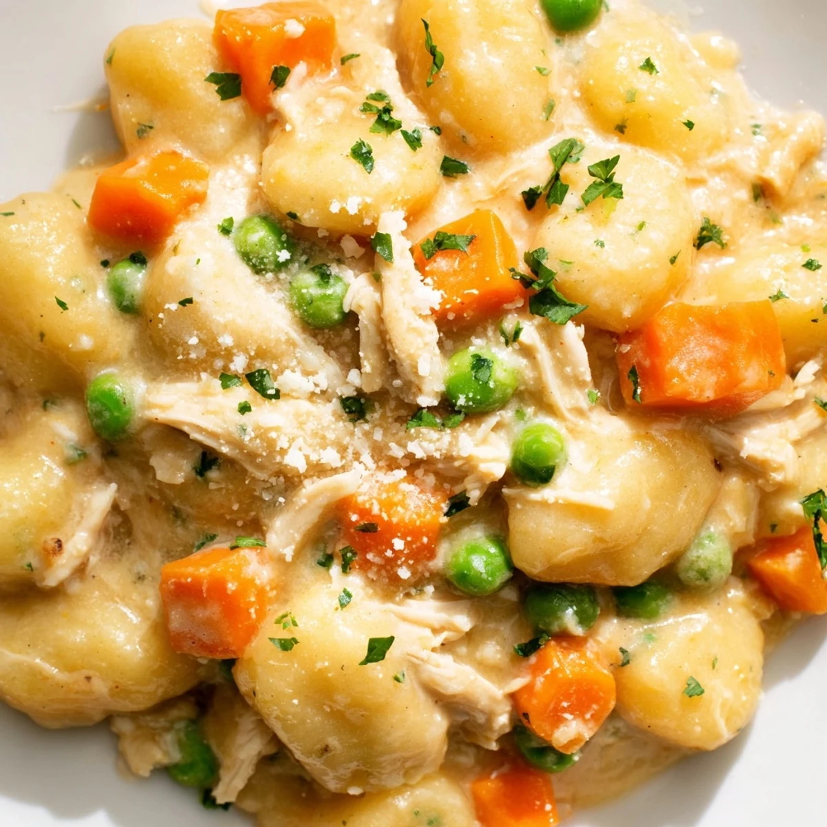 Creamy one pot gnocchi chicken pot pie served warm in a rustic cast iron skillet
