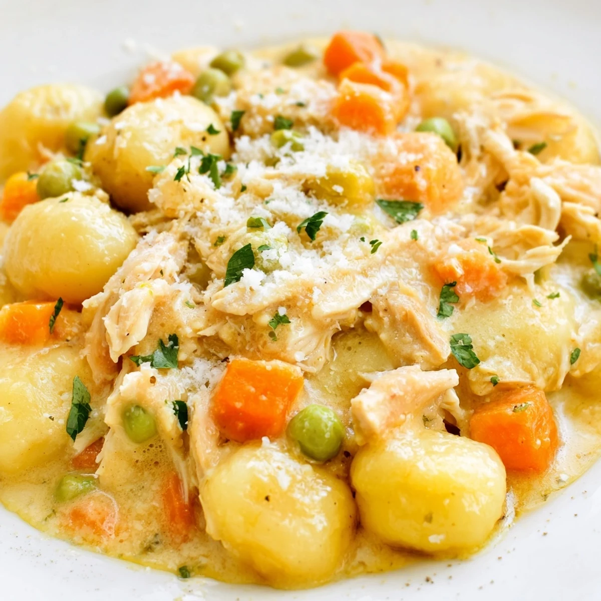 One pot gnocchi chicken pot pie with tender vegetables in rich golden sauce