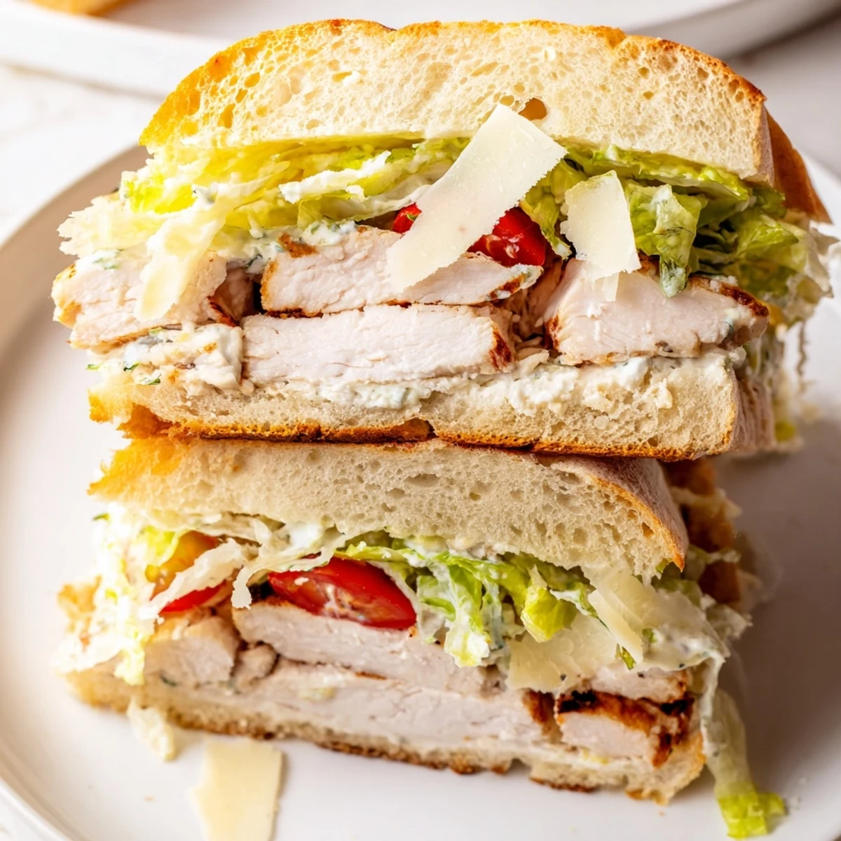 Golden toasted ciabatta roll filled with sliced grilled chicken Caesar sandwich and crisp romaine lettuce