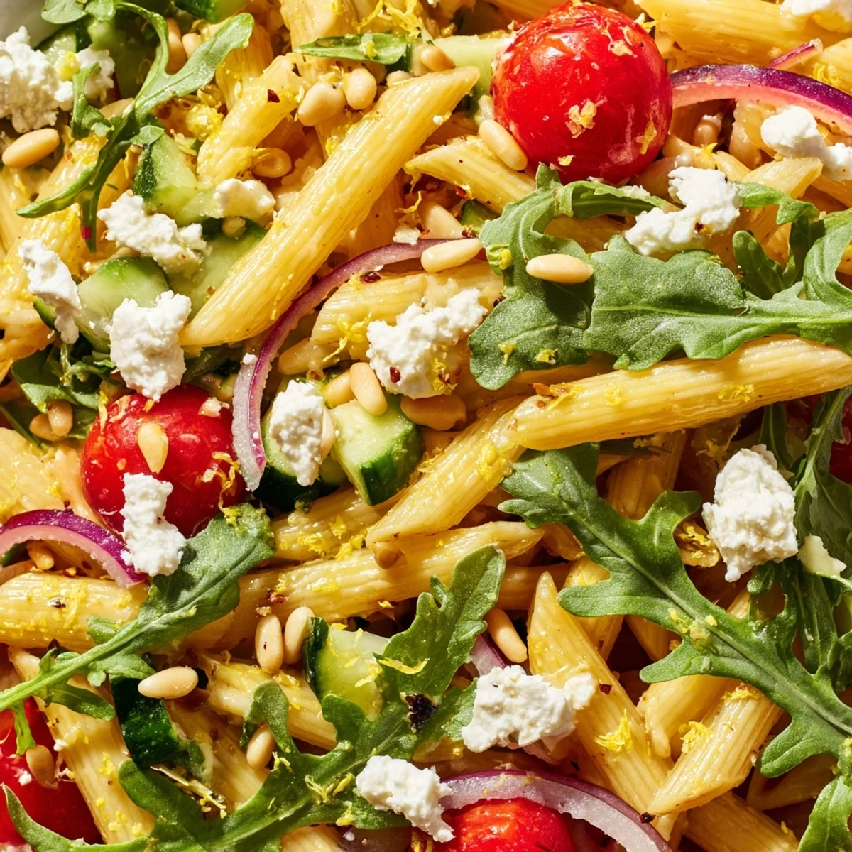 Bright lemon arugula pasta salad with cherry tomatoes and crumbled feta cheese