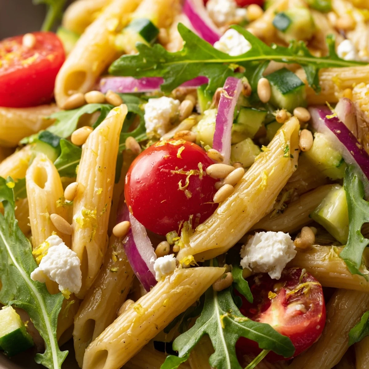 Tossed quick lemon arugula pasta salad glistening with zesty homemade vinaigrette