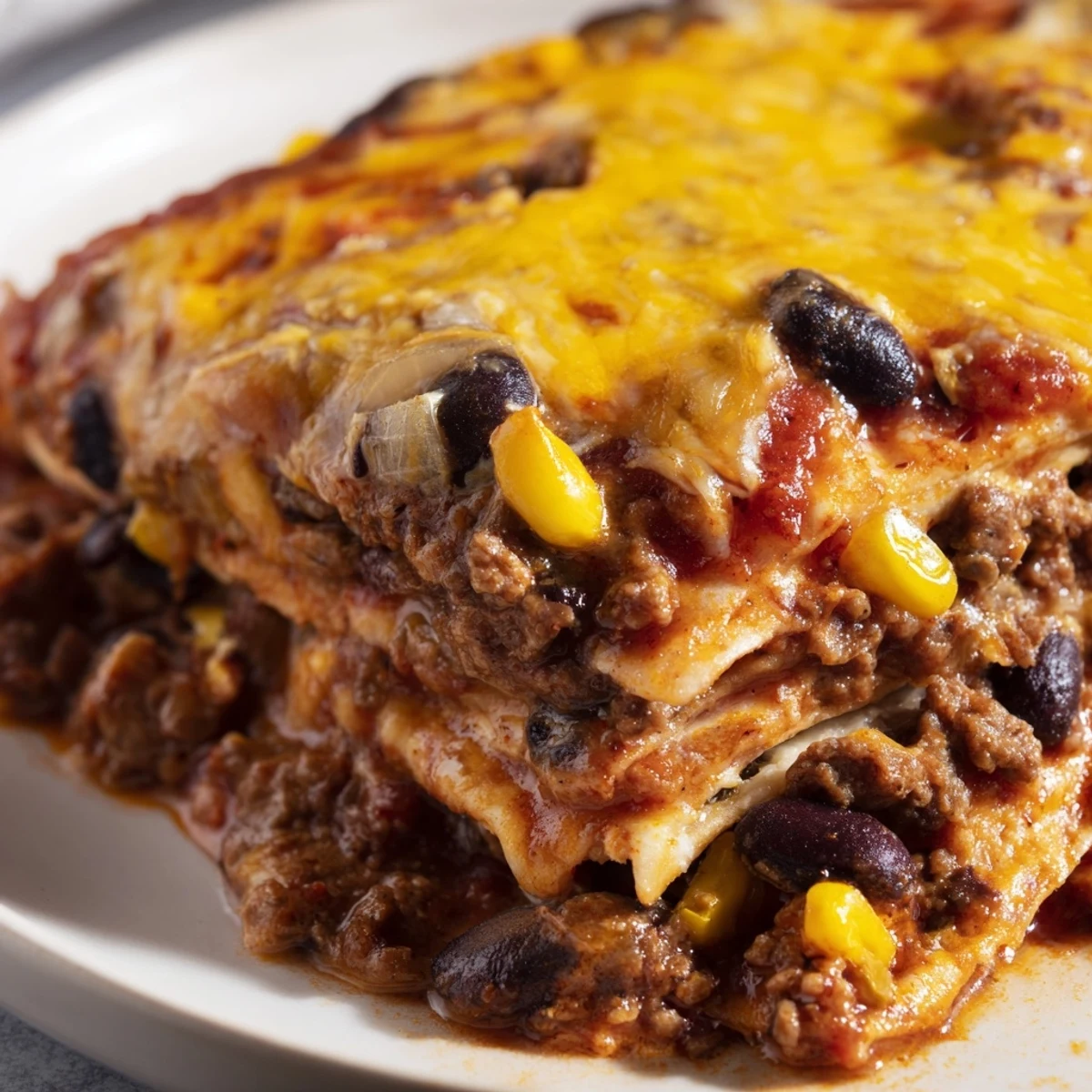 Golden bubbly cheese tops this hearty baked beef enchilada casserole with rich red sauce