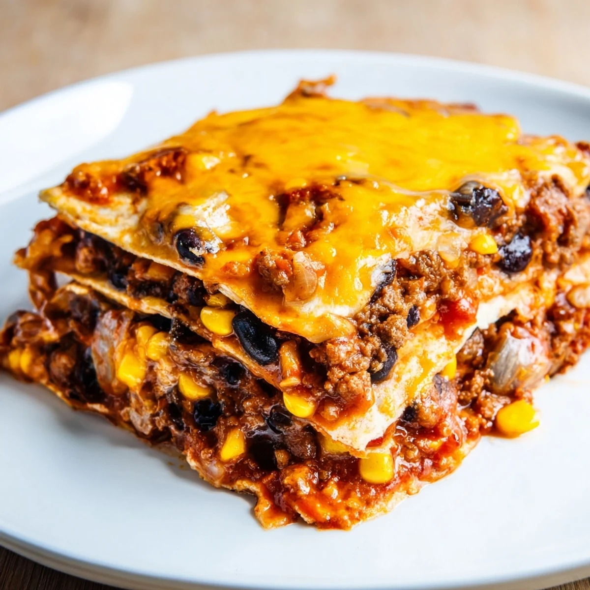 Layers of seasoned beef and melted cheese in this baked beef enchilada casserole