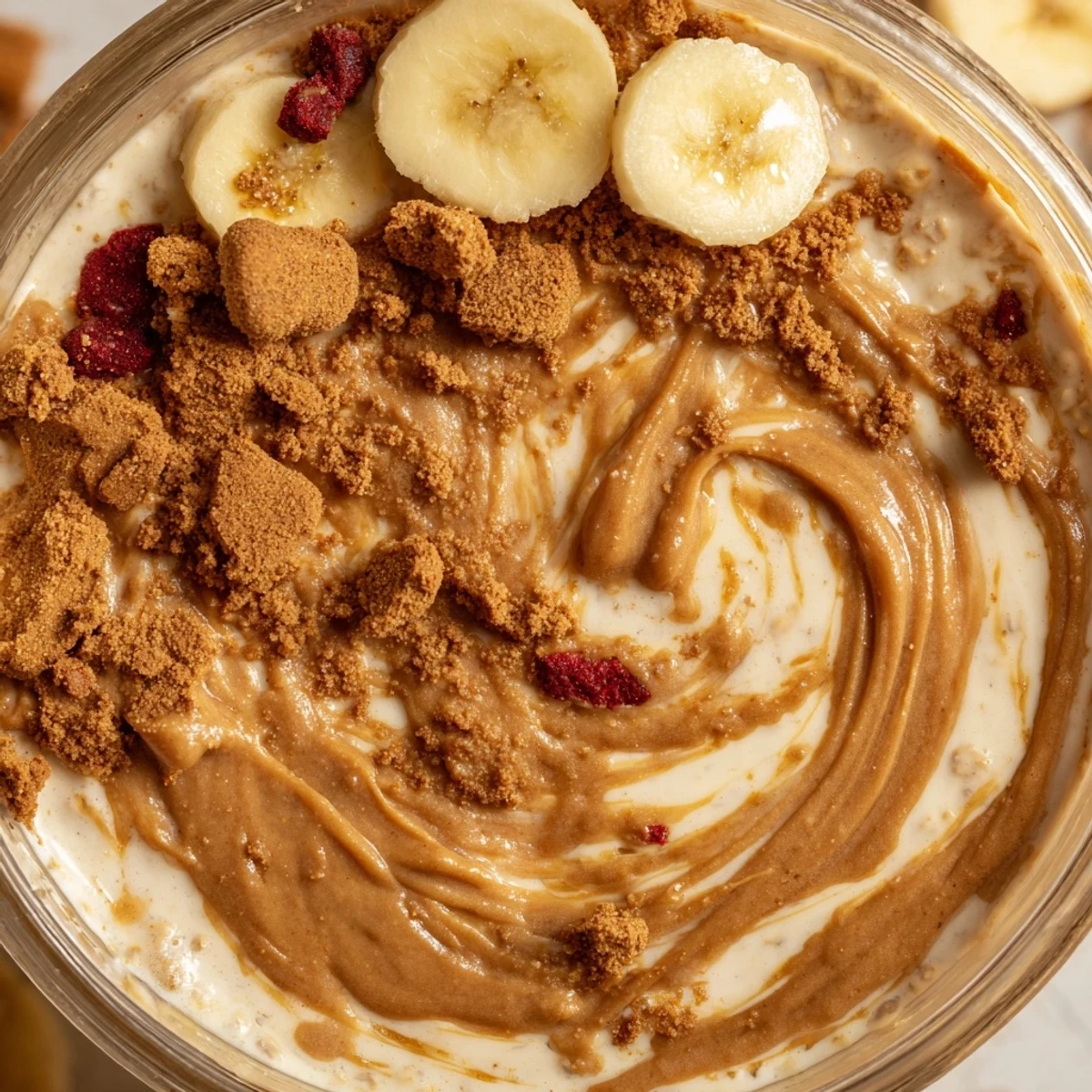 Biscoff overnight oats swirled with caramel spread and crunchy cookie crumbles