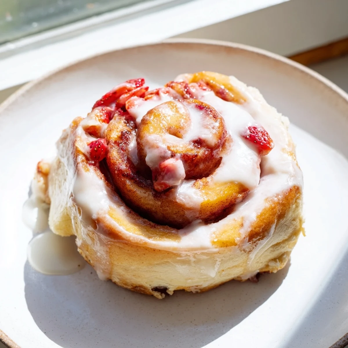 Golden strawberry cinnamon rolls drizzled with cream cheese glaze on a white plate