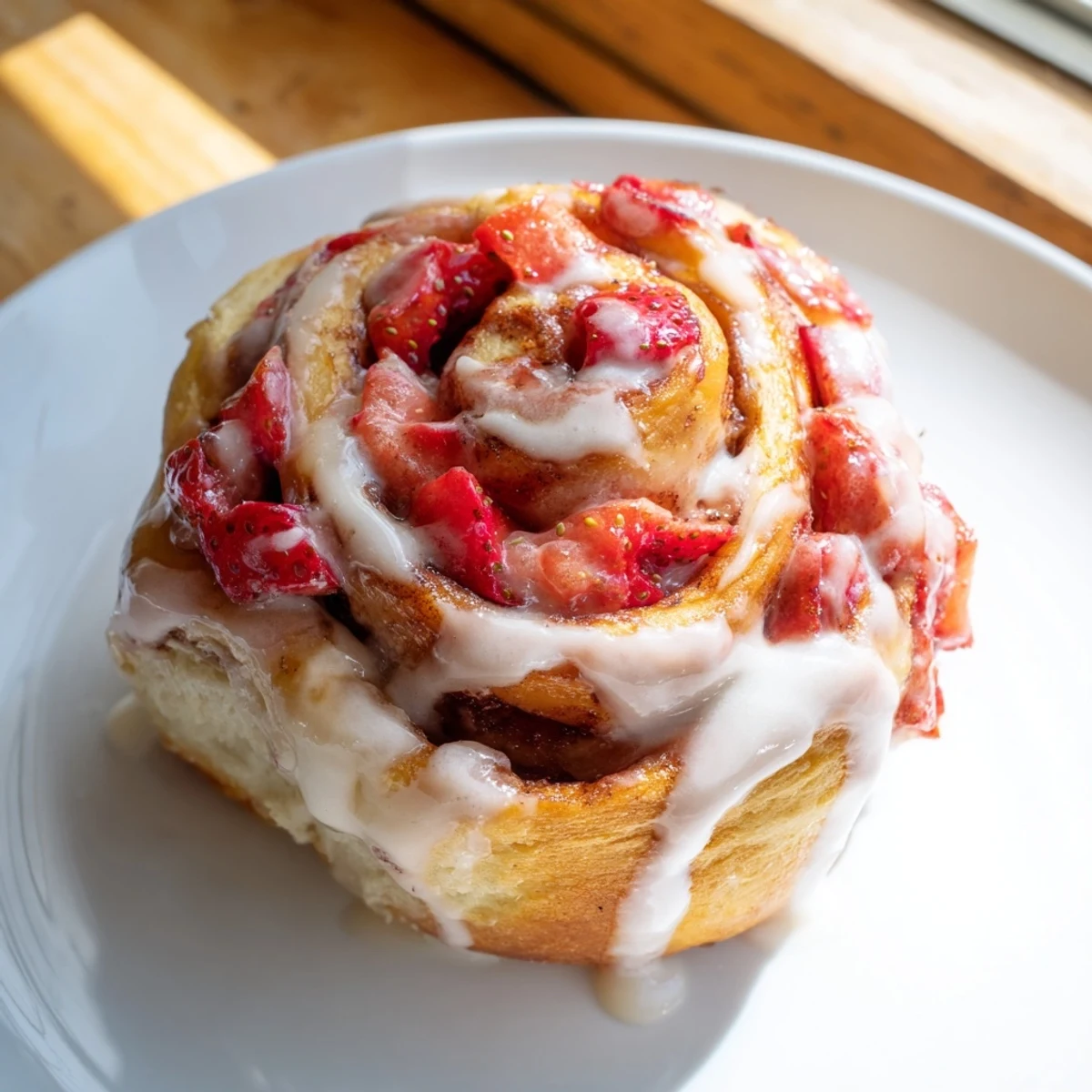 Soft baked strawberry cinnamon rolls topped with rich cream cheese frosting and berries