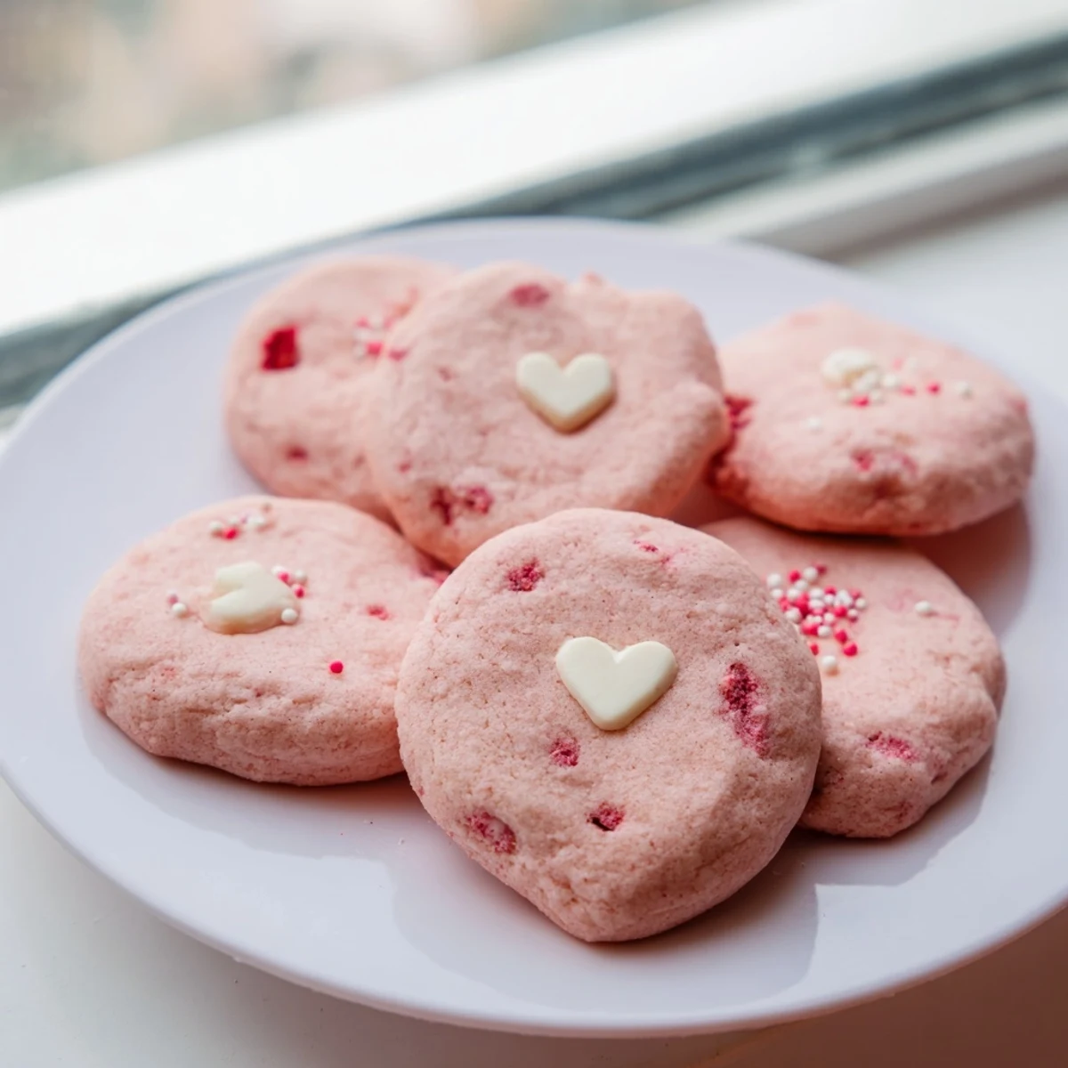 Soft pink Valentine Strawberry Cookies with white chocolate chips on a rustic baking sheet