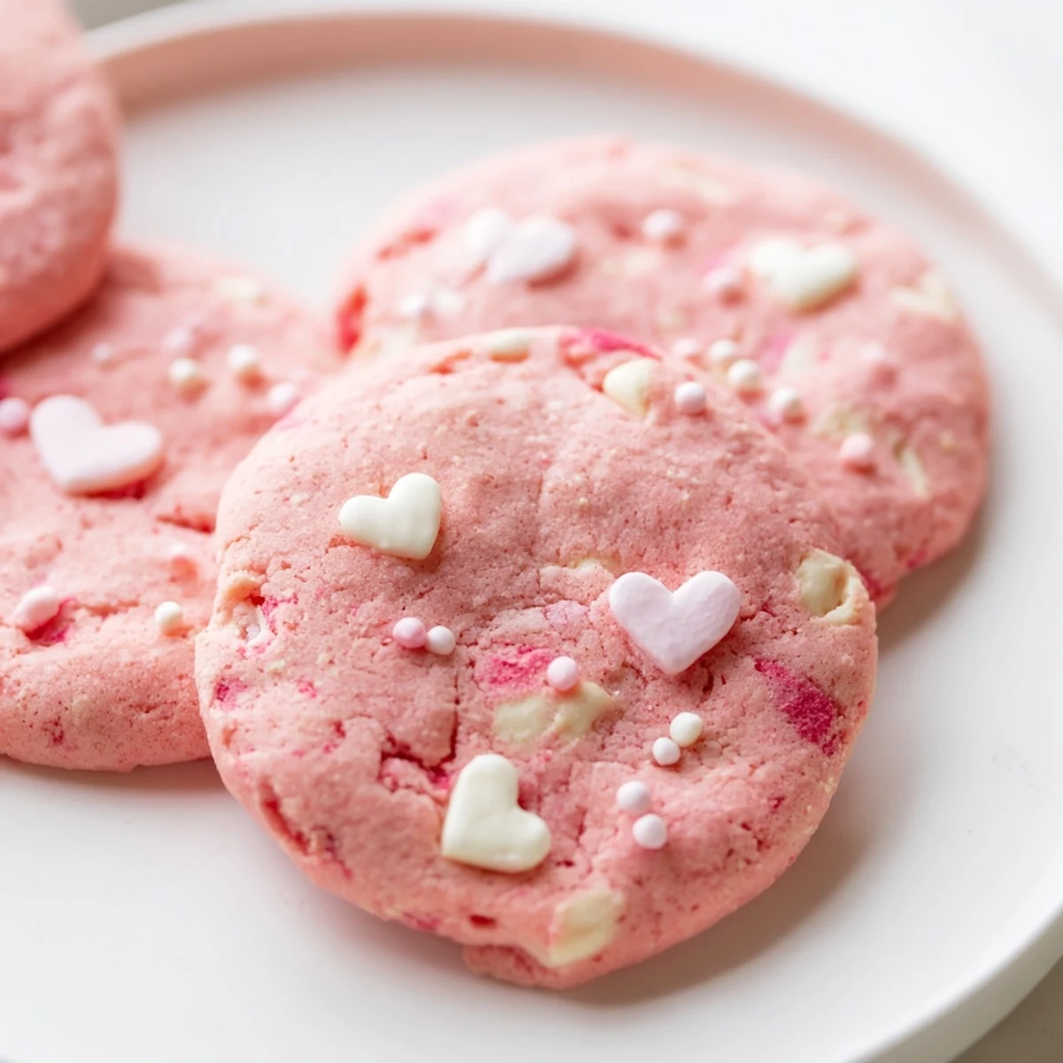 Chewy Valentine Strawberry Cookies studded with white chocolate and fresh strawberry pieces