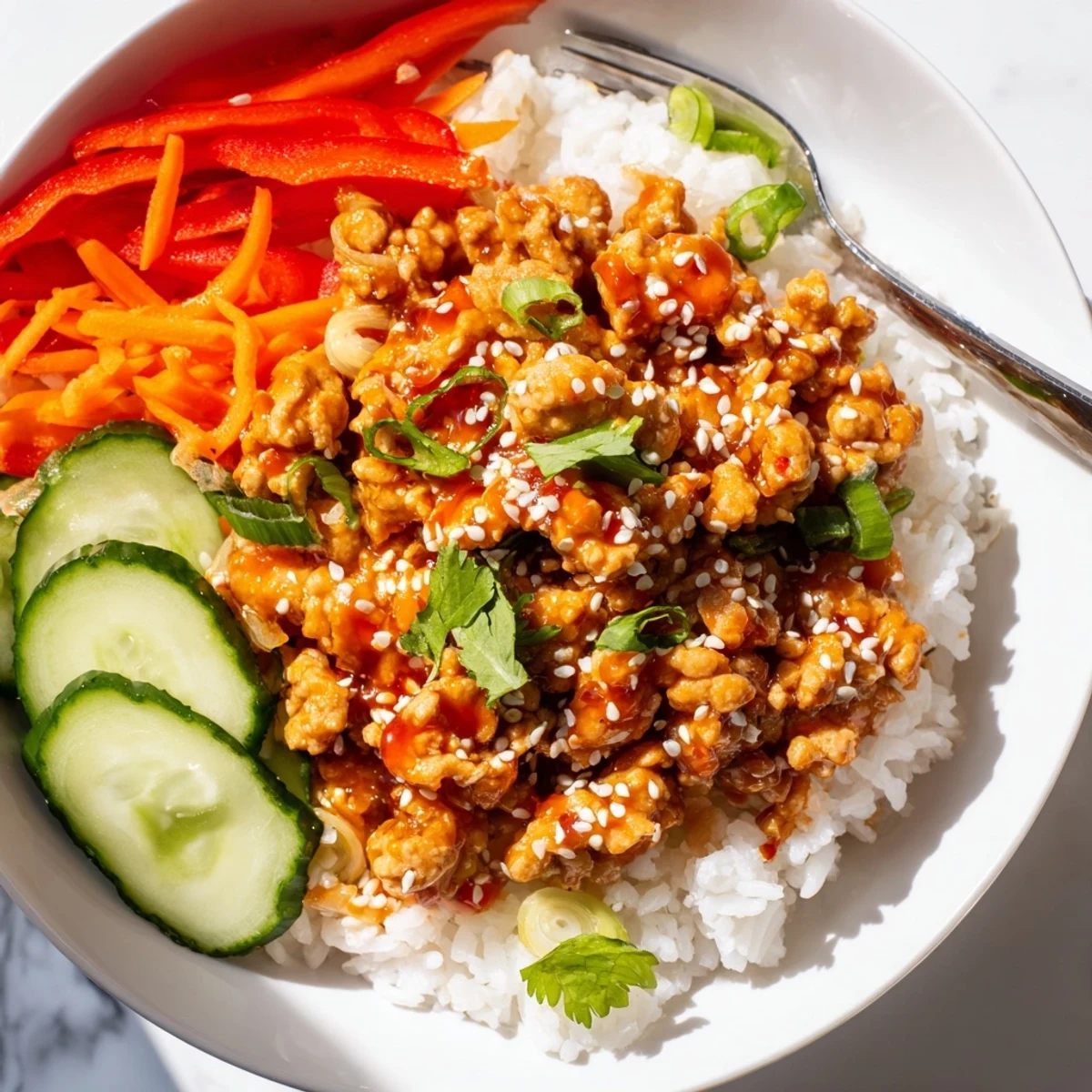Spicy firecracker ground chicken bowls topped with crisp vegetables and sesame seeds