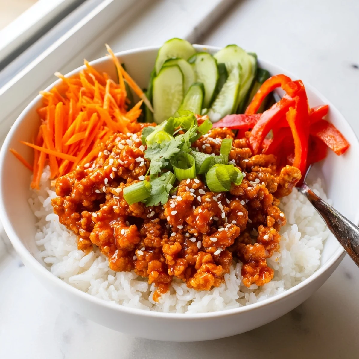 Colorful firecracker ground chicken bowls featuring tender meat and fresh sliced bell peppers