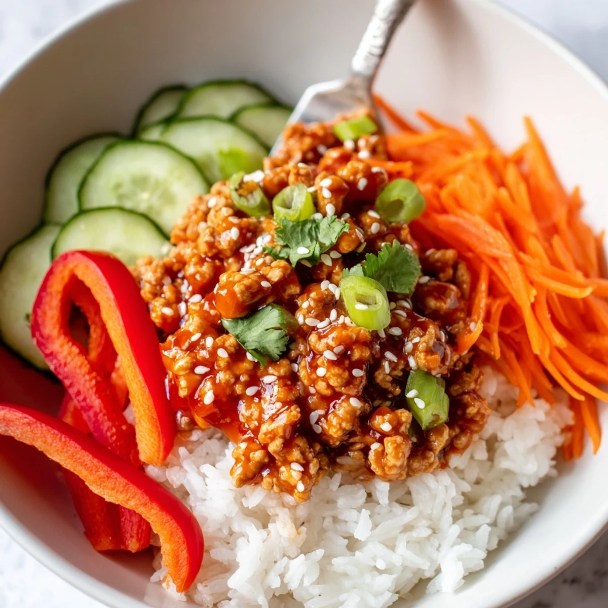 Firecracker ground chicken bowls drizzled with tangy sauce over fluffy white rice