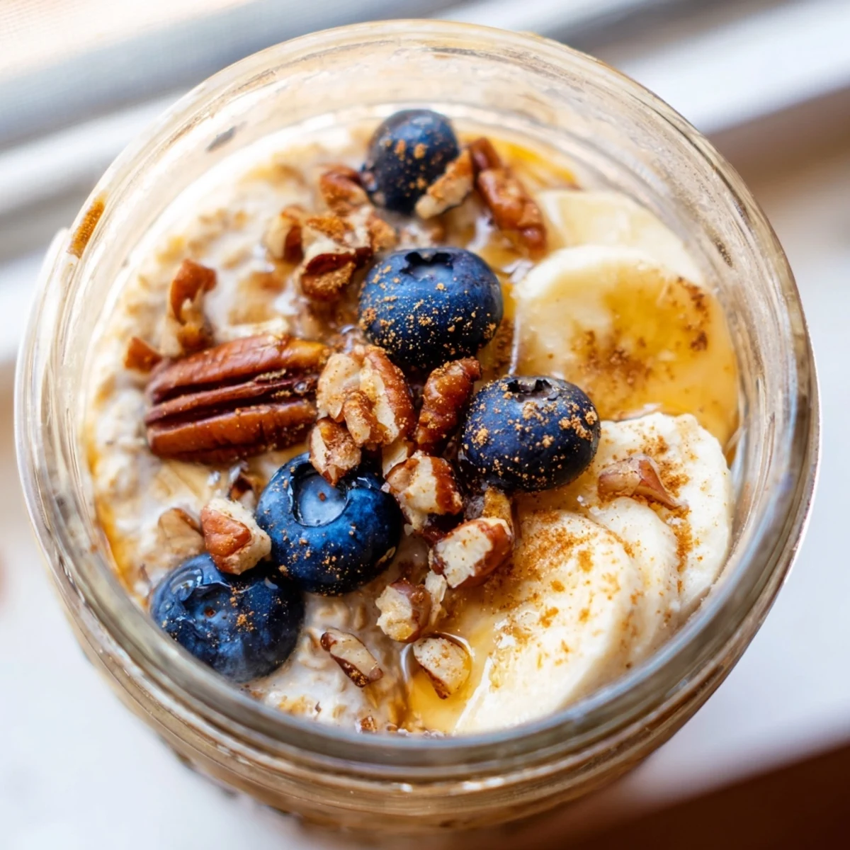 Creamy maple cinnamon pecan overnight oats in a mason jar, topped with crunchy nuts and a golden maple drizzle