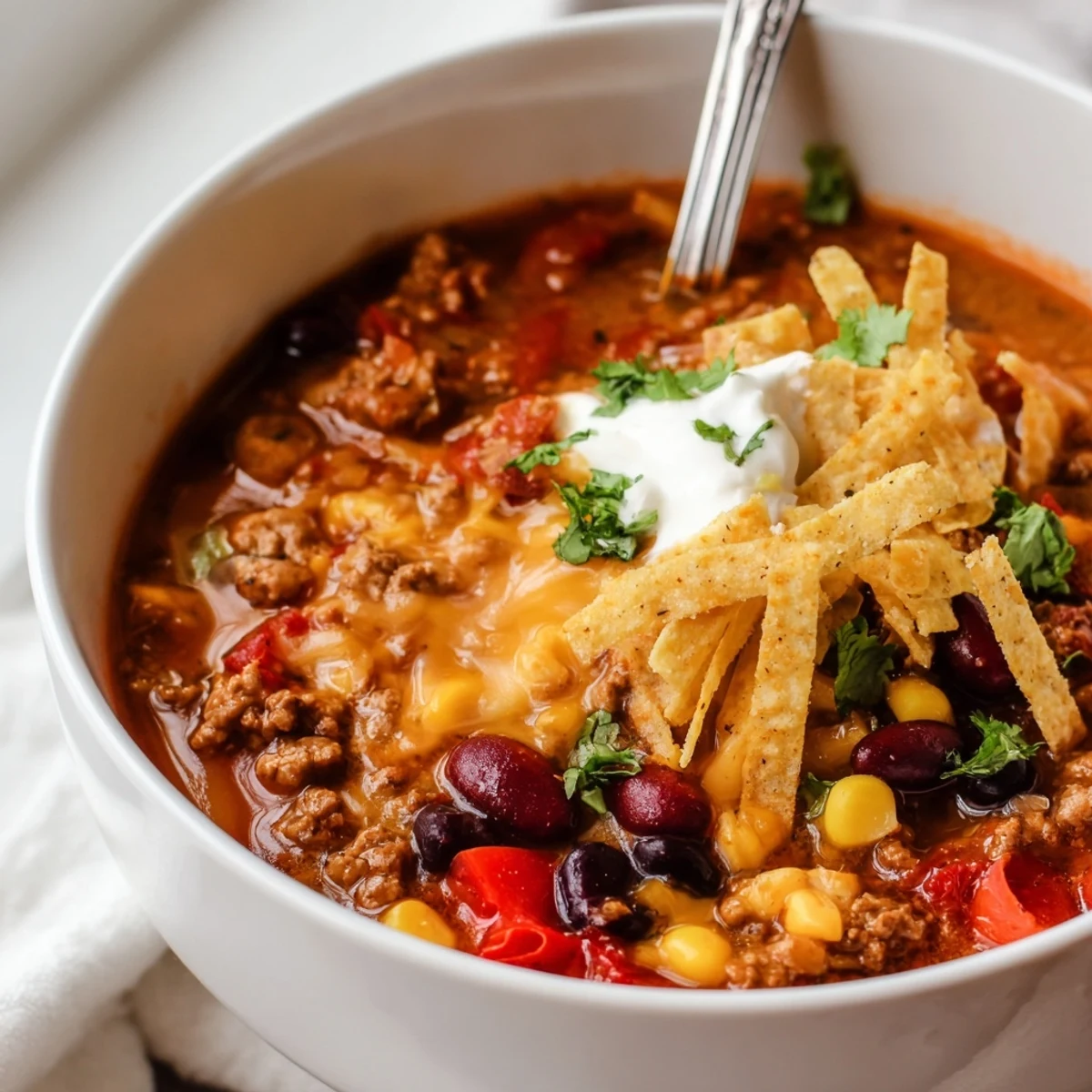 Steaming bowl of Crockpot Ground Beef Taco Soup topped with melted shredded cheese and cilantro