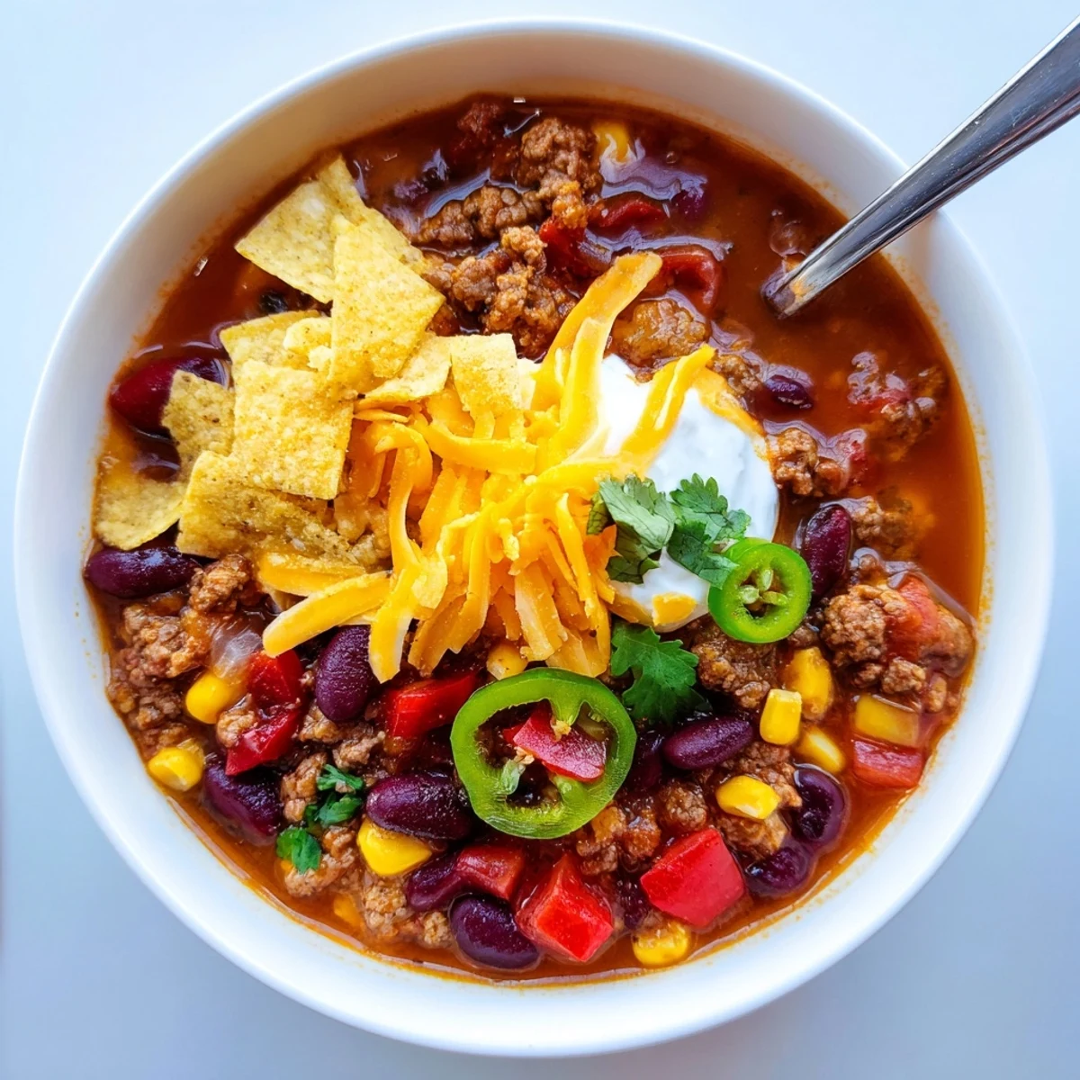 Hearty Crockpot Ground Beef Taco Soup loaded with beans, corn, and tomatoes in a rustic bowl