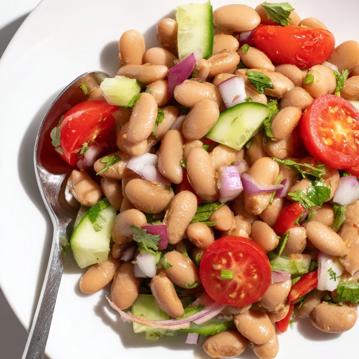 Colorful pinto bean salad tossed with crisp veggies and bright lime dressing