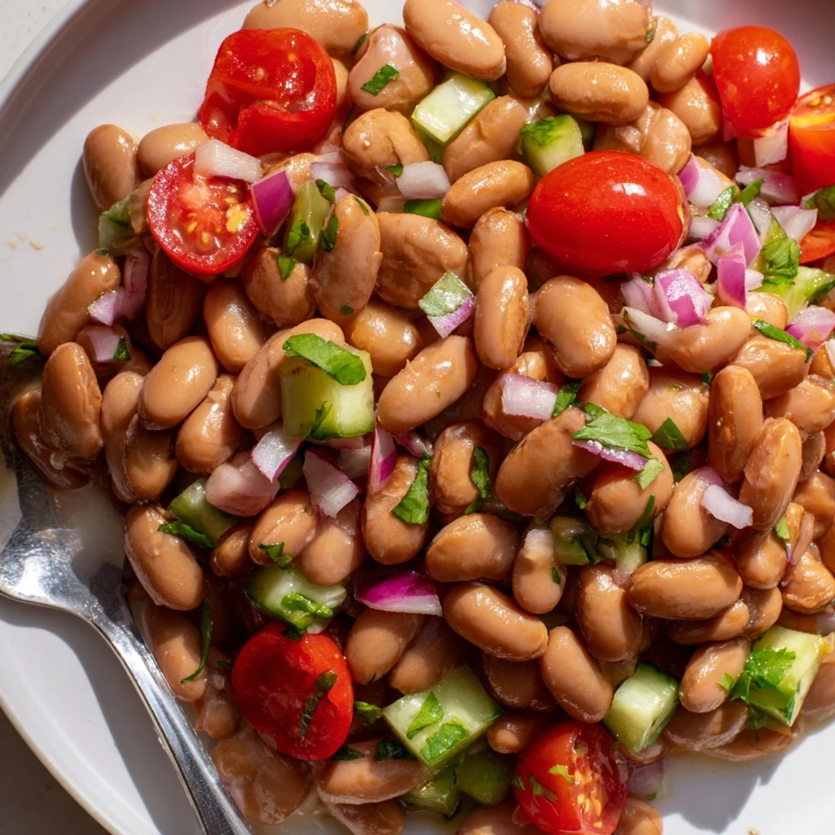 Rustic pinto bean salad served in a bowl drizzled with zesty vinaigrette