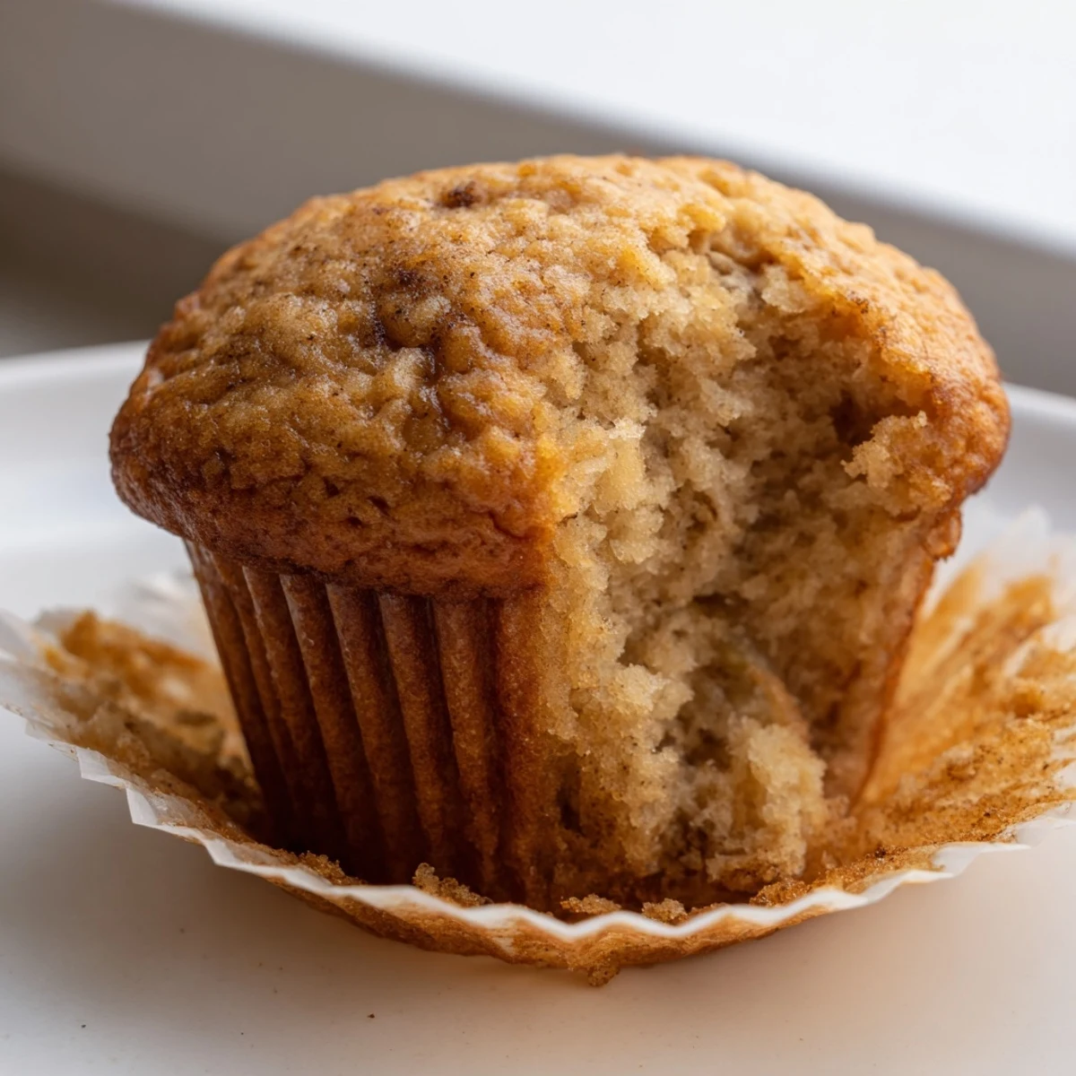 Soft banana muffins arranged on a plate beside ripe bananas and cinnamon