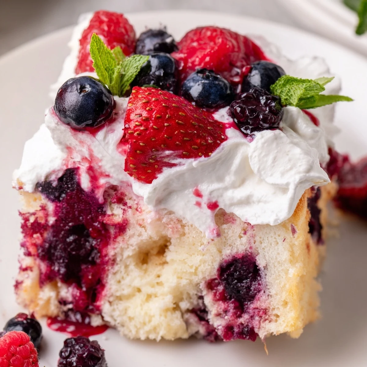 Moist summer berry poke cake drizzled with vibrant berry sauce and fluffy whipped cream