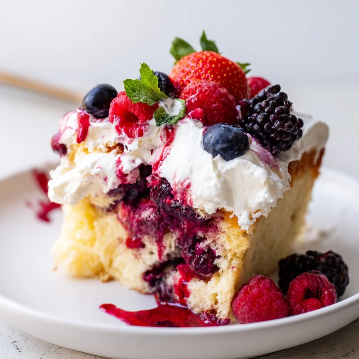 Tender vanilla summer berry poke cake topped with fresh strawberries blueberries and raspberries