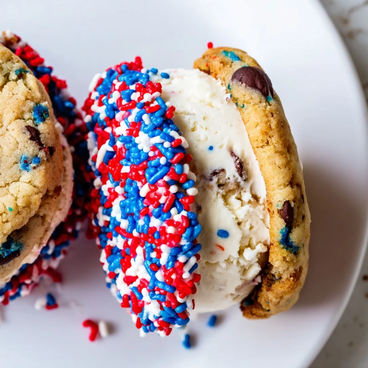 Festive Patriotic Mini Ice Cream Sandwiches coated in red, white, and blue sprinkles on a summer tray