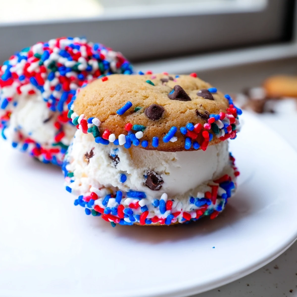 Bite-sized Patriotic Mini Ice Cream Sandwiches with vanilla ice cream oozing between soft chocolate chip cookies