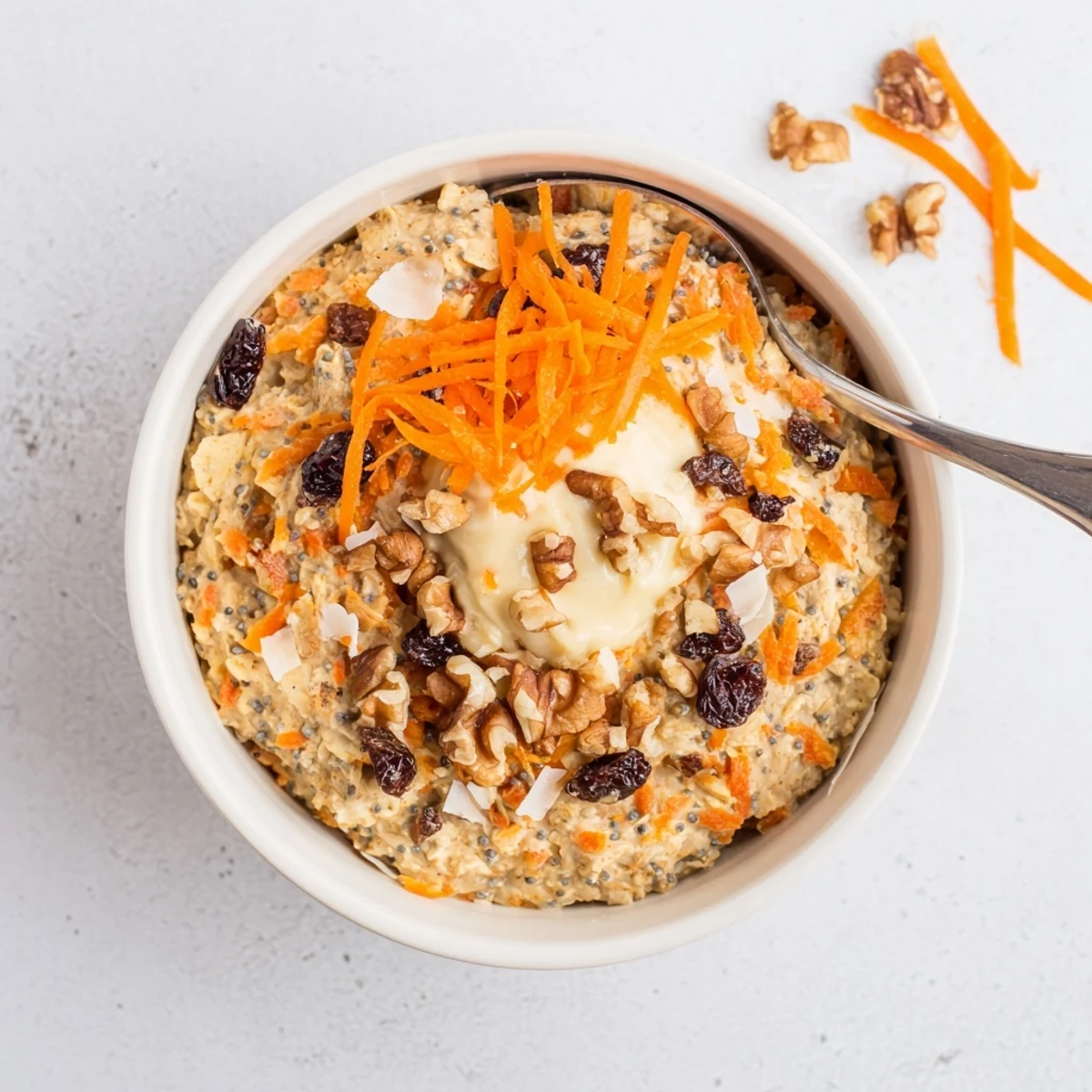 Carrot Cake Overnight Oats topped with cream cheese frosting and chopped walnuts in a glass jar