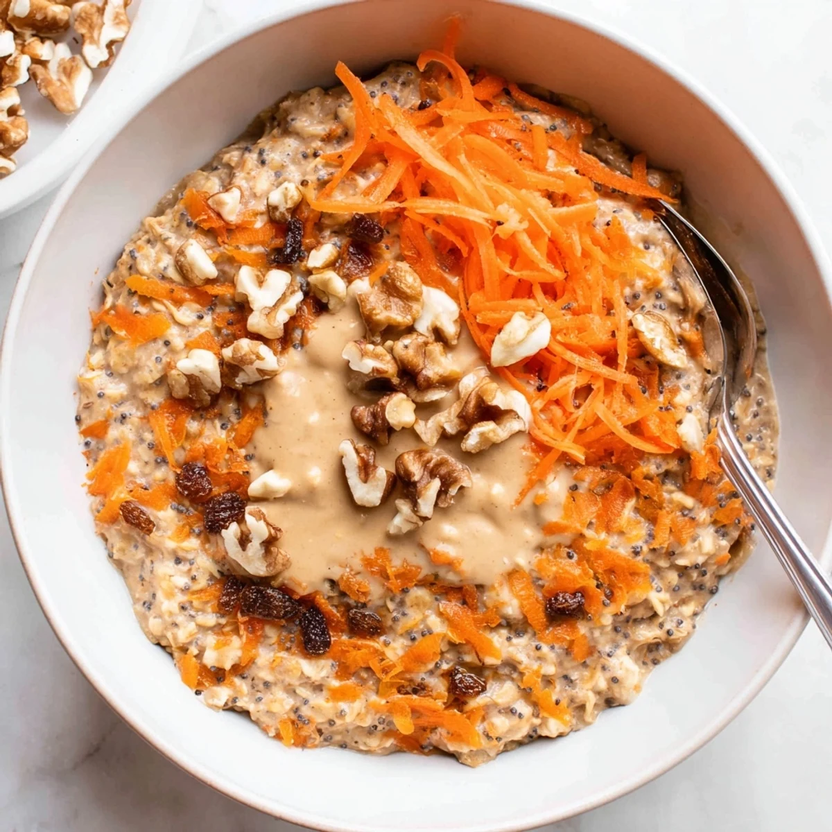 Creamy Carrot Cake Overnight Oats loaded with grated carrot, warm cinnamon, and sweet raisins