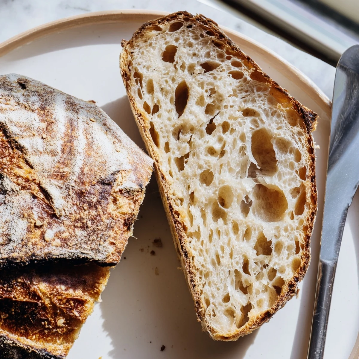 Golden crusty sourdough bread fresh from the oven with a crackled artisan crust